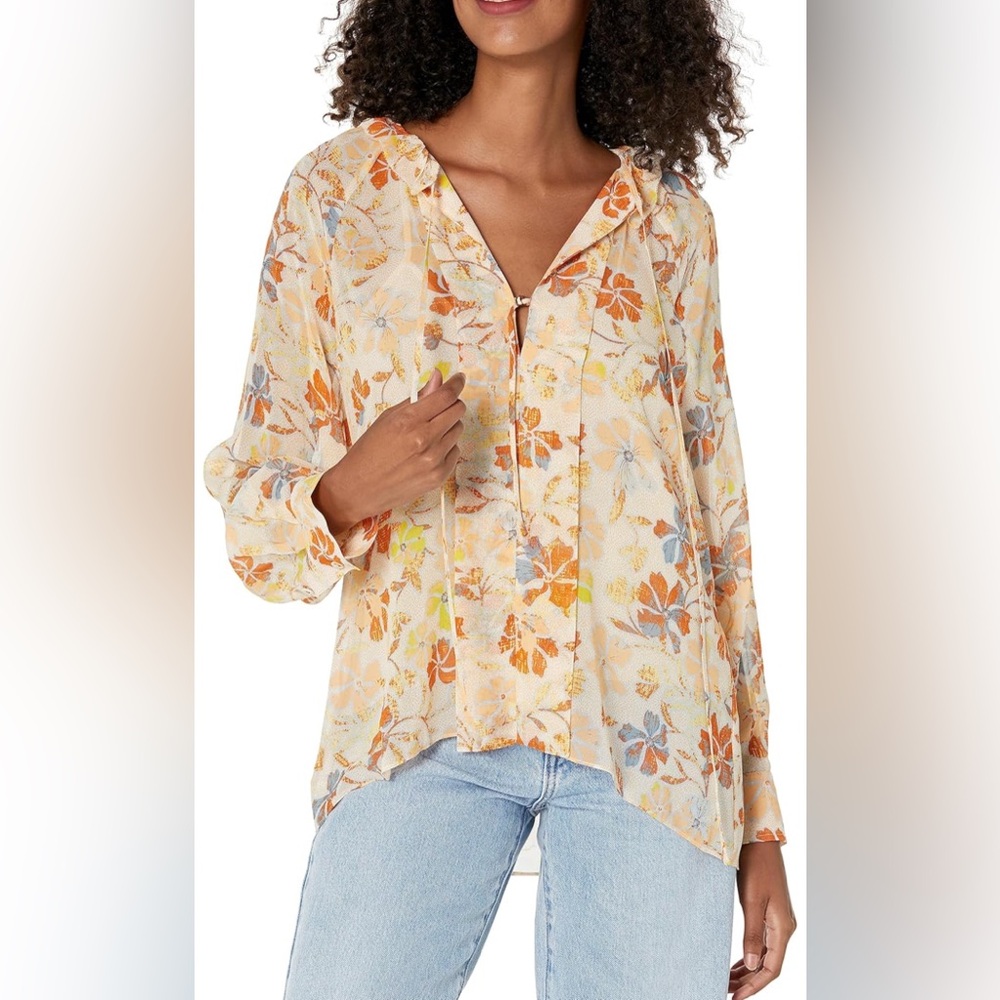 Joie Daisy Long Sleeve Flowy Silk Spring Top in Apricot Buff Multi New